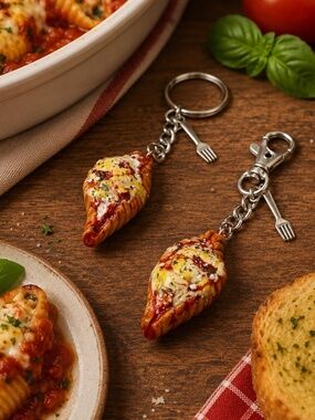 Stuffed Shell Pasta Keychain or Bag Clip – Handmade Mini Italian Food Charm